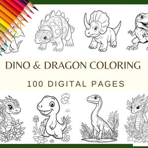 Dibujos para colorear de dinosaurios y dragones: 100 imágenes prediseñadas de acuarela (Png 300 dpi dinosaurio dragón huevo lindo dino, libro para colorear para niños)