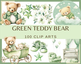 GREEN TEDDY BEAR - Baby shower for a boy, Nursery Decor - 100 watercolor clip arts (Transparent background, 300 dpi, commercial use)