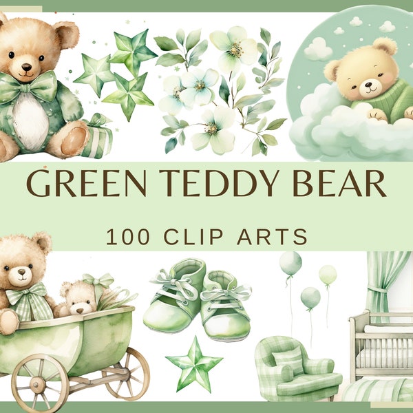 GREEN TEDDY BEAR - Baby shower for a boy, Nursery Decor - 100 watercolor clip arts (Transparent background, 300 dpi, commercial use)