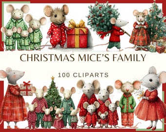 Christmas Mice Family - 100 PNG, 300 DPI Mouse in Pajamas Red Green Christmas Tree  (Commercial Use Transparent Background Digital Download)