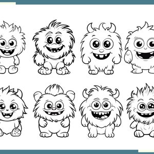 May include: Black and white line art illustration of eight cute cartoon monsters with different expressions. The monsters have fluffy hair, big eyes, and toothy smiles.