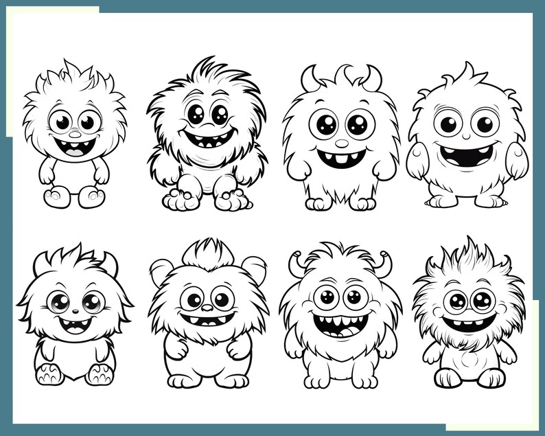 May include: Black and white line art illustration of eight cute cartoon monsters with different expressions. The monsters have fluffy hair, big eyes, and toothy smiles.