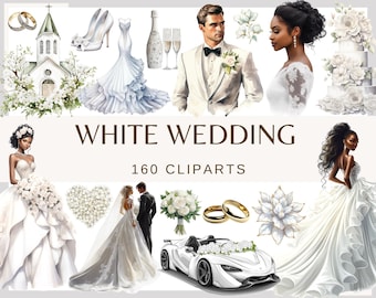 WHITE WEDDING - 160 watercolor clip arts (Transparent background 300 dpi, Wedding Timeline png, Wedding Elements Icons, Junk Journal, bride)