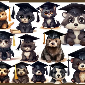 May include: A collection of adorable cartoon animals wearing graduation caps. The image features a variety of creatures, including cats, bears, raccoons, and dogs, all dressed in black mortarboards with gold tassels, suggesting a graduation theme.