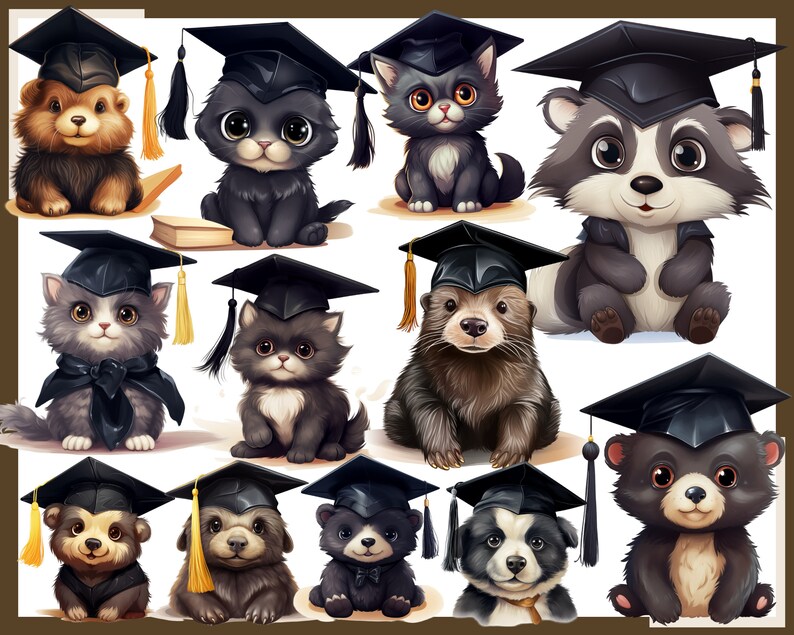 May include: A collection of adorable cartoon animals wearing graduation caps. The image features a variety of creatures, including cats, bears, raccoons, and dogs, all dressed in black mortarboards with gold tassels, suggesting a graduation theme.