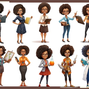 May include: Illustration of ten diverse women with different hairstyles and outfits. Each woman is holding an object related to their profession, such as a book, a clipboard, a paintbrush, a test tube, or a stethoscope.