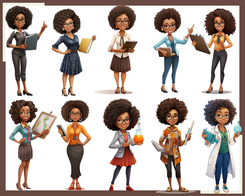 May include: Illustration of ten diverse women with different hairstyles and outfits. Each woman is holding an object related to their profession, such as a book, a clipboard, a paintbrush, a test tube, or a stethoscope.