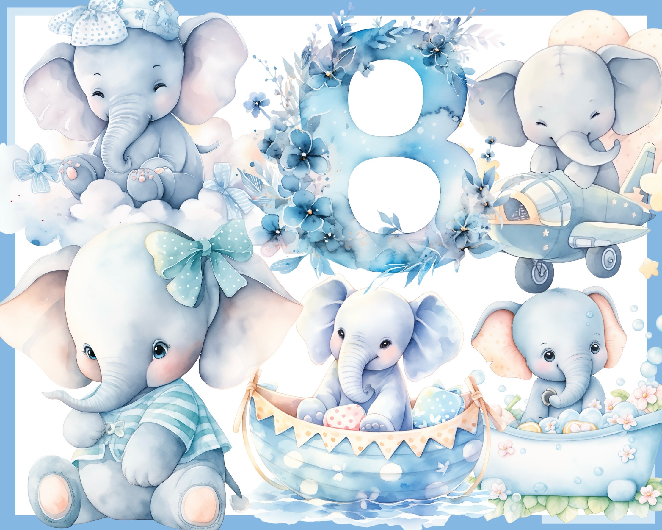 Blue Baby Elephant Watercolor Clip Art: Boy Shower Decor (PNG) - Etsy