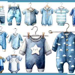 May include: Watercolor illustration of baby clothes in shades of blue, including onesies, rompers, and pants, hanging on wooden hangers. The designs feature stars, stripes, and cloud patterns. The overall theme is baby clothing.