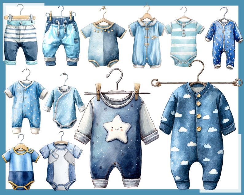 May include: Watercolor illustration of baby clothes in shades of blue, including onesies, rompers, and pants, hanging on wooden hangers. The designs feature stars, stripes, and cloud patterns. The overall theme is baby clothing.