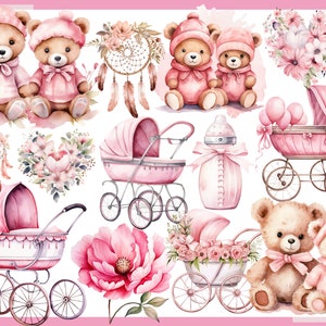 OURSON ROSE. Fête prénatale pour une fille, décoration de chambre d'enfant 100 cliparts aquarelles arrière-plan transparent, 300 dpi, clipart bébé, bébé png image 9