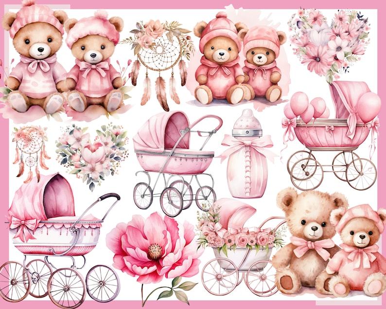 OURSON ROSE. Fête prénatale pour une fille, décoration de chambre d'enfant 100 cliparts aquarelles arrière-plan transparent, 300 dpi, clipart bébé, bébé png image 9