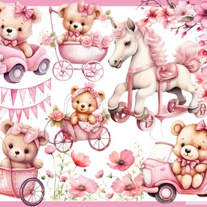 OURSON ROSE. Fête prénatale pour une fille, décoration de chambre d'enfant 100 cliparts aquarelles arrière-plan transparent, 300 dpi, clipart bébé, bébé png image 10