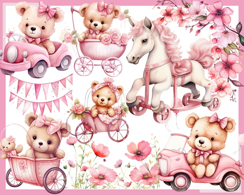 OURSON ROSE. Fête prénatale pour une fille, décoration de chambre d'enfant 100 cliparts aquarelles arrière-plan transparent, 300 dpi, clipart bébé, bébé png image 10