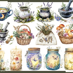 May include: Watercolor illustrations of various apothecary and natural elements. Includes a teacup with a moon design, jars with butterflies, candles, baskets of mushrooms, mortar and pestles, and a bag with herbs.