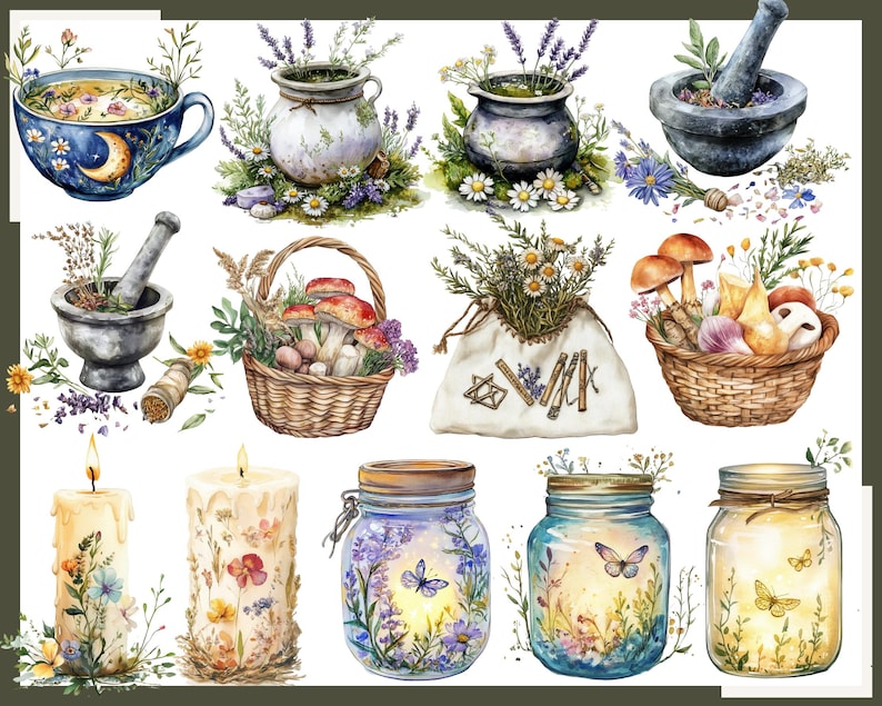 May include: Watercolor illustrations of various apothecary and natural elements. Includes a teacup with a moon design, jars with butterflies, candles, baskets of mushrooms, mortar and pestles, and a bag with herbs.