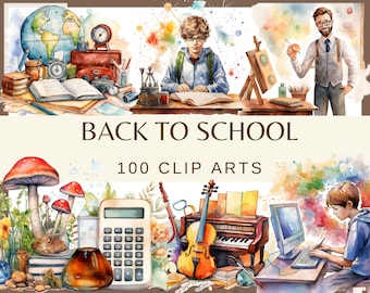 Watercolor Back to School Clip Art: 100 PNG Graphics (300 dpi)