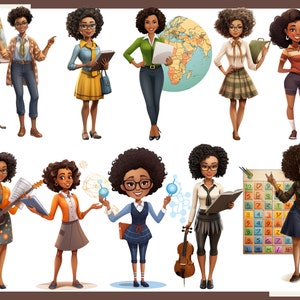 May include: Illustration of ten diverse women with different professions. The women are wearing various outfits and holding objects related to their professions, such as a globe, a book, a musical instrument, and a science experiment.