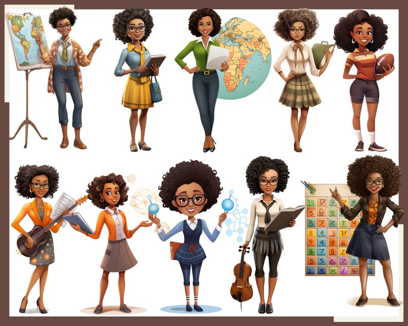 May include: Illustration of ten diverse women with different professions. The women are wearing various outfits and holding objects related to their professions, such as a globe, a book, a musical instrument, and a science experiment.