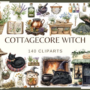 COTTAGECORE WITCH STORE - 140 clip arts 300 dpi Magical Forest Witch Aesthetic | Boho-kruidenillustraties | Spell Book kruiden, champignons, png