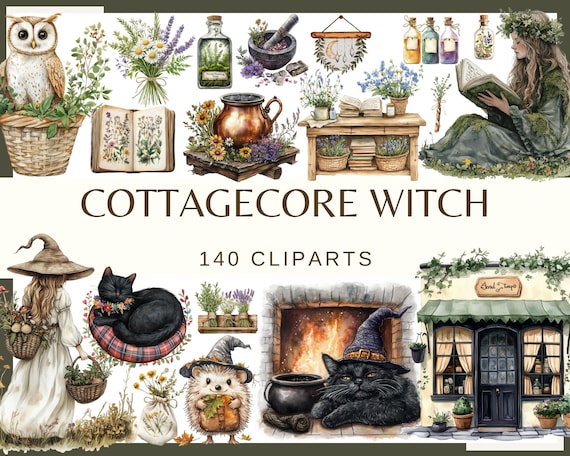 Cottagecore Witch Clipart: Magical Forest Illustrations (140 PNG)