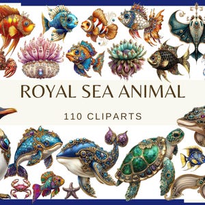 ROYAL SEA ANIMALS -  110 clip arts (300 dpi, Ocean Animals Illustrations, Underwater, Magical Sea, Aquatic Plants, Vivid fish Octopus png)