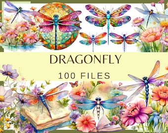 DRAGONFLY - 100 clip arts (300 dpi, Commercial use, Dragonfly Stained Glass, Watercolor, Flower Book, bundle, floral, insect, png)