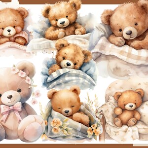 May include: A collection of six watercolor illustrations of brown teddy bears in various poses. The bears are wearing clothes and are surrounded by blankets, pillows, and flowers.