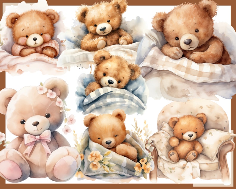 May include: A collection of six watercolor illustrations of brown teddy bears in various poses. The bears are wearing clothes and are surrounded by blankets, pillows, and flowers.