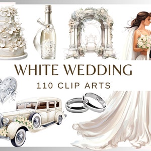 WHITE WEDDING - 110 watercolor clip arts (Transparent background 300 dpi, Wedding Timeline png, Wedding Elements Icons, Junk Journal, bride)