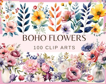 BOHO FLOWERS - 100 clip arts (300 dpi, commercial use, bundle, digital, pink, pale flowers, floral, nature, garden, junk journal, png)