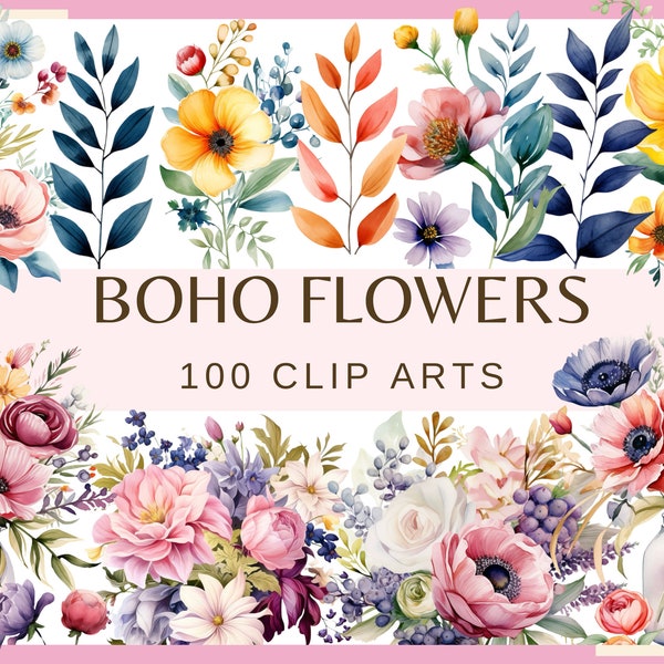 BOHO FLOWERS - 100 clip arts (300 dpi, commercial use, bundle, digital, pink, pale flowers, floral, nature, garden, junk journal, png)