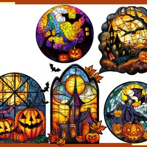 May include: Five stained glass panels with a Halloween theme. Each panel features a different scene, including a ghost, a haunted house, a witch, and pumpkins. The panels are all in shades of orange, yellow, purple, and blue.