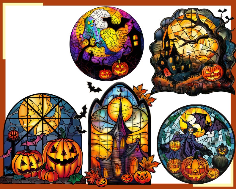 May include: Five stained glass panels with a Halloween theme. Each panel features a different scene, including a ghost, a haunted house, a witch, and pumpkins. The panels are all in shades of orange, yellow, purple, and blue.
