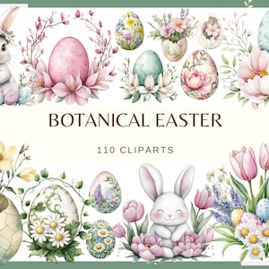 May include: A collection of watercolor illustrations with an Easter theme. The image features bunnies, decorated eggs, flowers, and the text "BOTANICAL EASTER" and "110 CLIPARTS". The color palette includes pastels like pink, blue, and yellow.