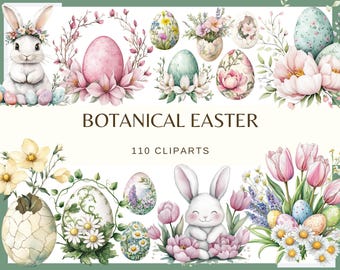 Botanical Easter: 110 PNG, 300 DPI | Bunnies, Pastel Eggs & Spring Elements (Commercial Use)