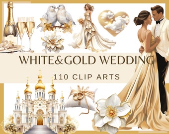 WHITE & GOLD WEDDING - 110 watercolor clip arts (Transparent background 300 dpi, Wedding Timeline png, Wedding Elements Icons, Junk Journal)