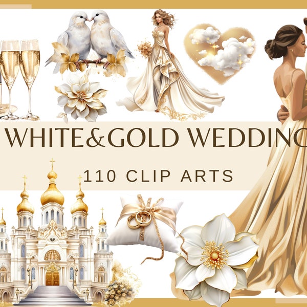 WHITE & GOLD WEDDING - 110 watercolor clip arts (Transparent background 300 dpi, Wedding Timeline png, Wedding Elements Icons, Junk Journal)