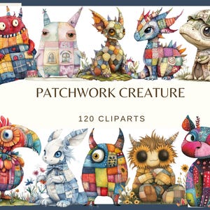 Puede incluir: Una colección de criaturas de patchwork coloridas en varias formas y tamaños. La imagen incluye el texto "PATCHWORK CREATURE" y "120 CLIPARTS". Las criaturas son caprichosas y tienen una apariencia artesanal, con detalles como patrones cosidos y rasgos únicos.