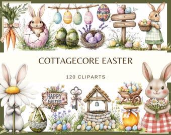 Cottagecore Easter: 120 PNG, 300 DPI | Bunnies, Pastel Eggs & Spring Elements (Commercial Use)
