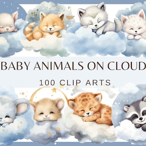 ANIMAUX dormant sur des NUAGES - 100 images clipart aquarelles (png, baby shower, 300 dpi, chaton, tigre, chiot, renard, hamster, souris, décoration de chambre d'enfant)