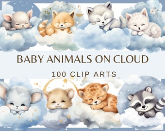 ANIMAUX dormant sur des NUAGES - 100 images clipart aquarelles (png, baby shower, 300 dpi, chaton, tigre, chiot, renard, hamster, souris, décoration de chambre d'enfant)