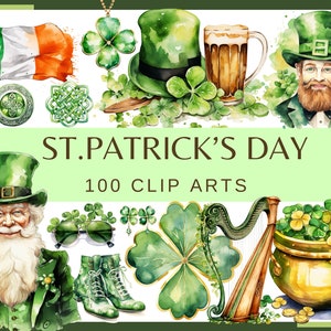 GIORNO DI SAN PATRIZIO - 100 clip art (300 dpi bandiera irlandese arpa nodo celtico folletto trifoglio, illustrazioni verdi irlandesi, png, bundle, digitale)