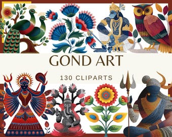 Könnte beinhalten: Eine Sammlung von 130 bunten Clipart-Bildern im Gond-Stil mit Pfauen, Blumen, Gottheiten und geometrischen Mustern. Der Kunststil ist lebendig und detailliert und konzentriert sich auf traditionelle indische Motive.