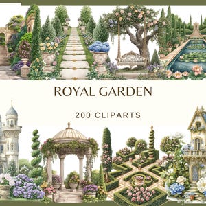 Puede incluir: Ilustración en acuarela de una escena de jardín real con un camino, un castillo y un cenador. La imagen presenta el texto "ROYAL GARDEN" y "200 CLIPARTS". El jardín incluye árboles, flores y un estanque.