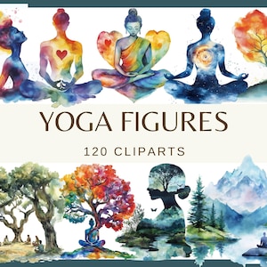 FIGURE YOGA - 120 clip art (300 dpi, png albero della vita, uso commerciale, bundle, digitale, india, png, mandala colorato BUDDHA meditazione)