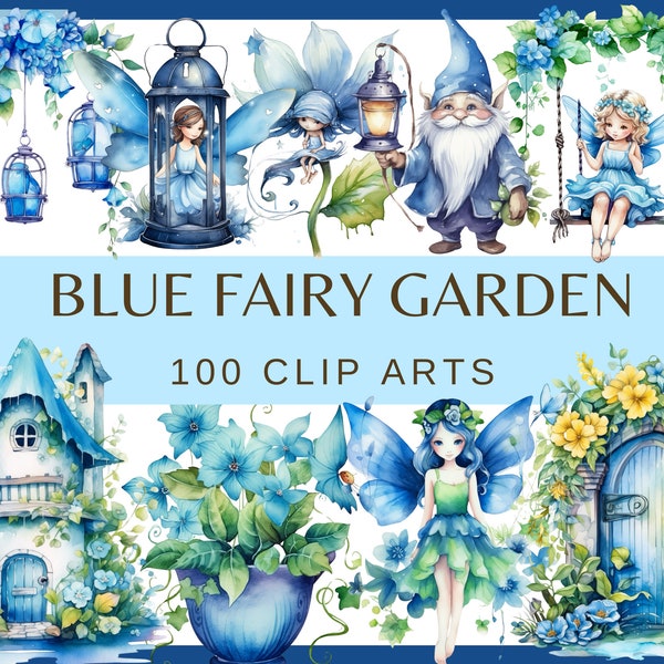 BLUE FAIRY GARDEN - 100 watercolor clip arts (Transparent background, 300 dpi, Nursery Decor png elf gnome fantasy house door lantern star))