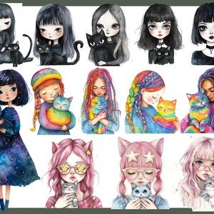 May include: Watercolor illustrations of girls with cats. The girls have various hair colors and styles, and the cats are black, gray, and rainbow-colored. The girls are wearing dresses and sweaters in various colors.