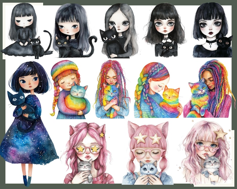 May include: Watercolor illustrations of girls with cats. The girls have various hair colors and styles, and the cats are black, gray, and rainbow-colored. The girls are wearing dresses and sweaters in various colors.
