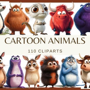 ANIMALES DE DIBUJOS ANIMADOS - 110 imágenes prediseñadas (300 dpi, paquete, digital, esotérico, png, místico, fantasía, lindo animal kawaii, mono, vaca, animal, pájaro)